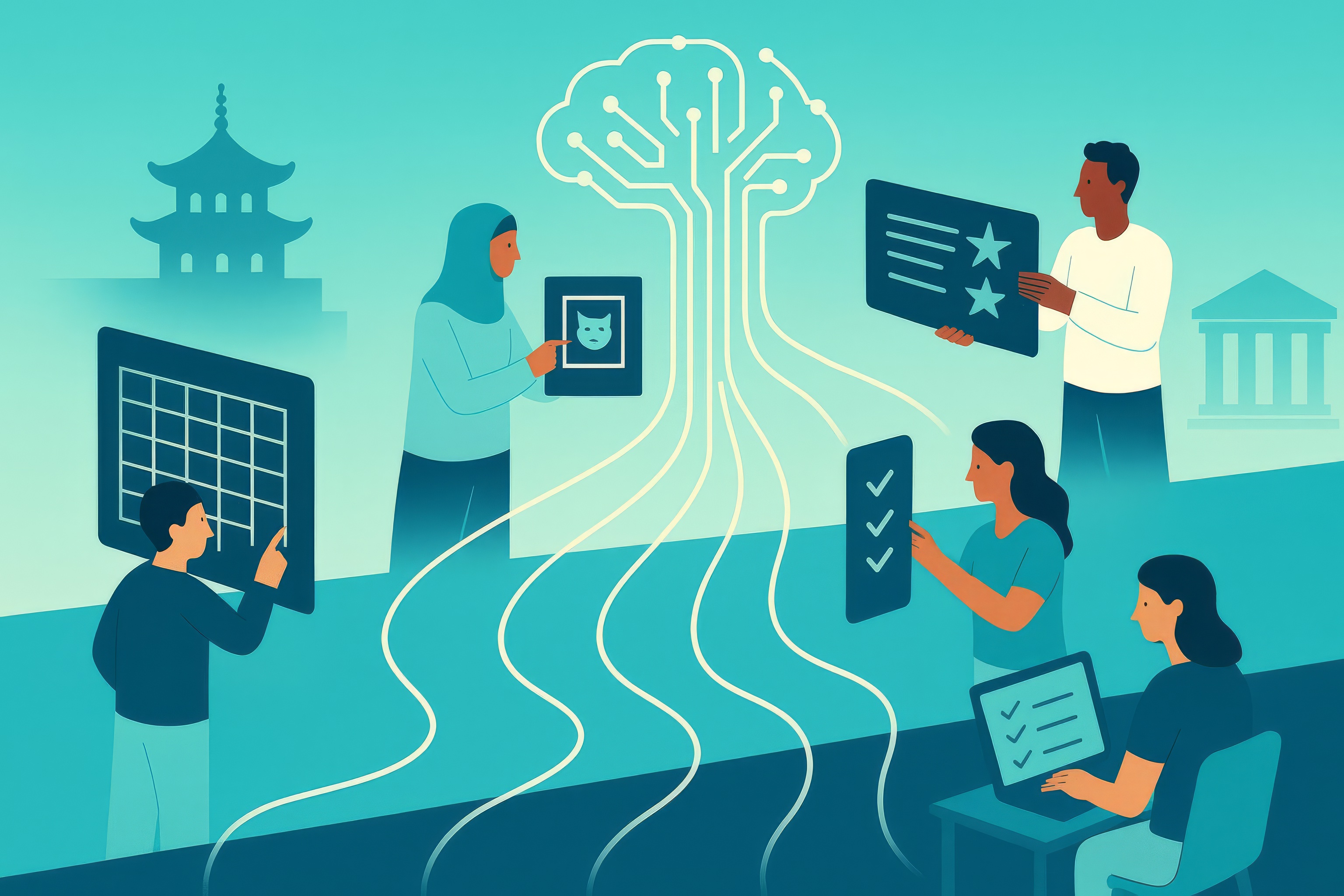 Modern reinterpretation of an assembly line where instead of manufacturing physical products, diverse people are shown contributing data points, annotations, and classifications that flow upward into an abstract AI structure. Workers are at varying global locations (suggested by architectural elements), all connected by flowing data streams. Isometric or slightly elevated perspective. Gradient from Penn blue (#011F5B) at bottom to lighter cyan at top. Clean, minimalist illustration style.